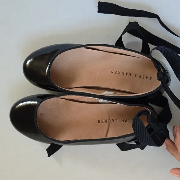 Ralph Lauren Girls Ankle Tie Leather Shoes Black sz 2