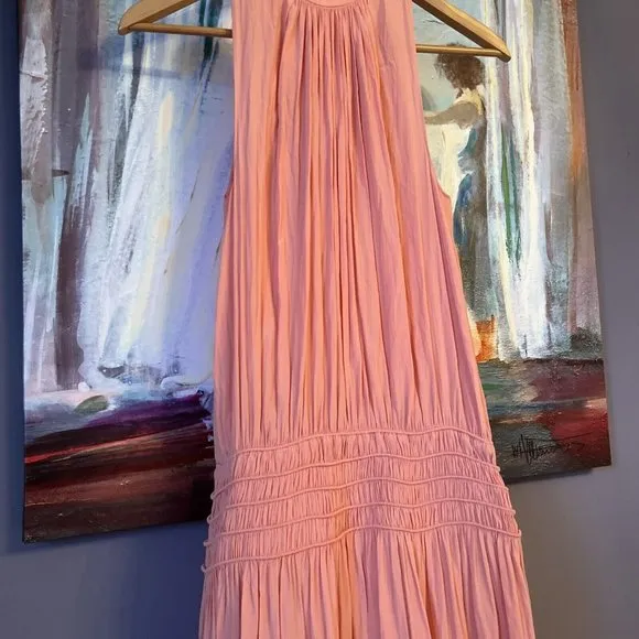 Ramy Brook Audrey Sz S-M Sleeveless Midi peach Dress Smocked Cinched Waist