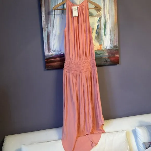 Ramy Brook Audrey Sz S-M Sleeveless Midi peach Dress Smocked Cinched Waist