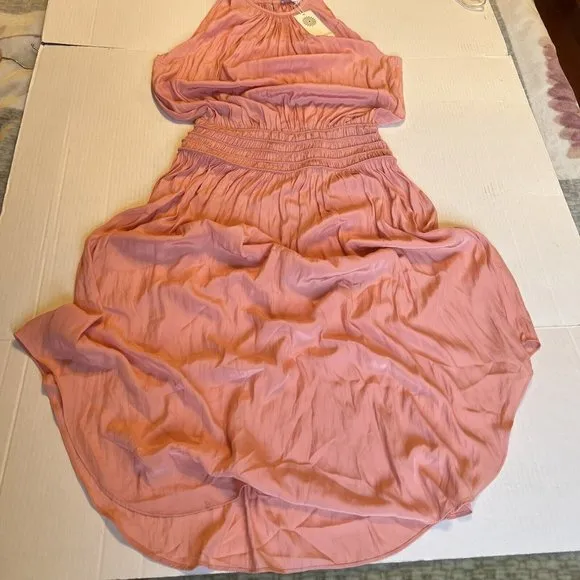 Ramy Brook Audrey Sz S-M Sleeveless Midi peach Dress Smocked Cinched Waist