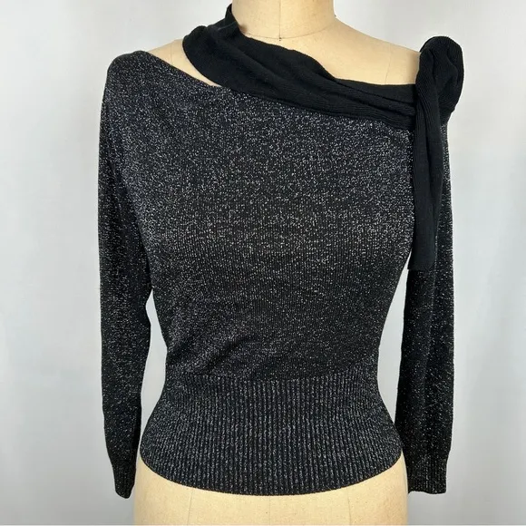 Ramy Brook New York Silver Metallic Shiny Knit Black Tie Neck Sweater
