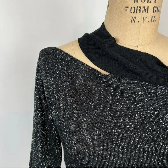 Ramy Brook New York Silver Metallic Shiny Knit Black Tie Neck Sweater