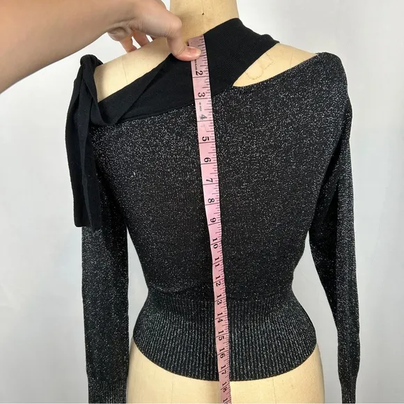 Ramy Brook New York Silver Metallic Shiny Knit Black Tie Neck Sweater