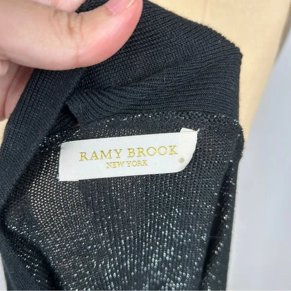 Ramy Brook New York Silver Metallic Shiny Knit Black Tie Neck Sweater
