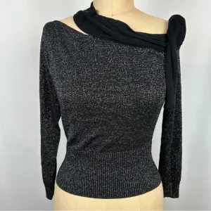 Ramy Brook New York Silver Metallic Shiny Knit Black Tie Neck Sweater