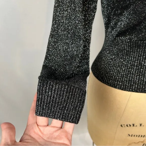 Ramy Brook New York Silver Metallic Shiny Knit Black Tie Neck Sweater