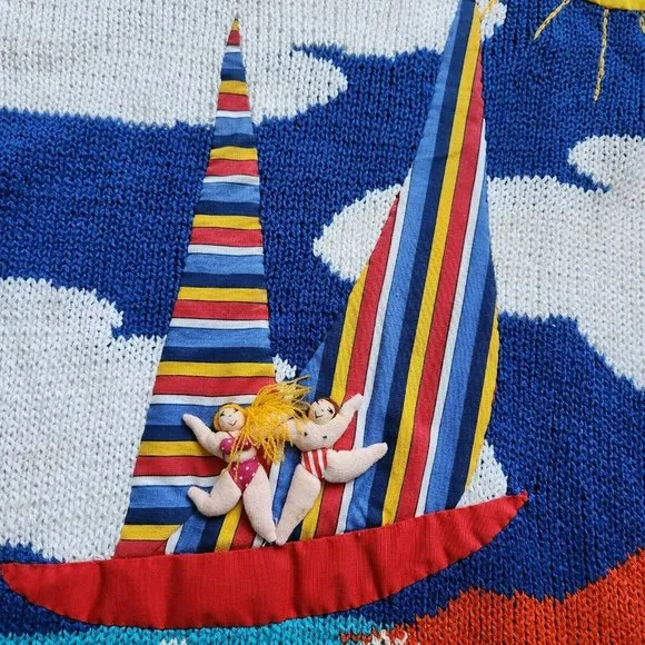 Raquel's Collection 3D Vintage 90s Art Sweater Sailing Boat Nautical Peru Size M