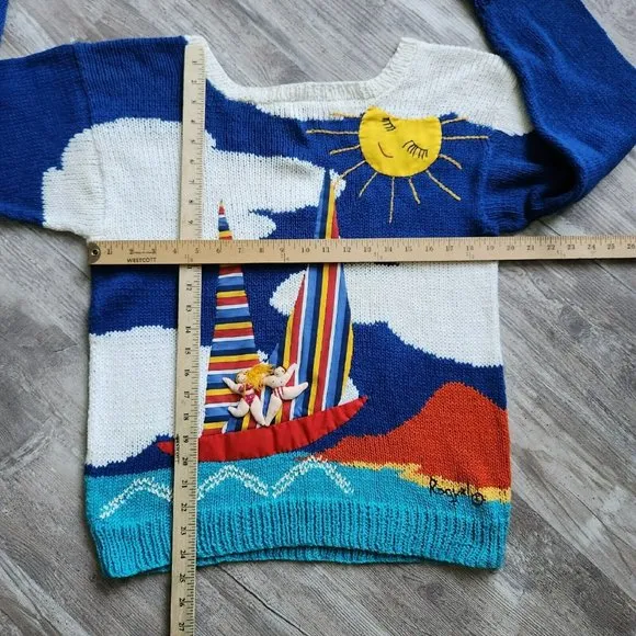 Raquel's Collection 3D Vintage 90s Art Sweater Sailing Boat Nautical Peru Size M