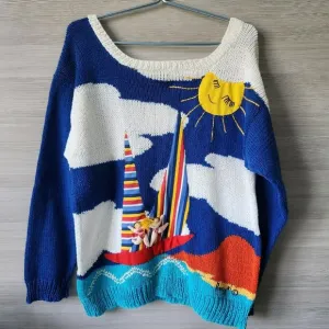 Raquel's Collection 3D Vintage 90s Art Sweater Sailing Boat Nautical Peru Size M
