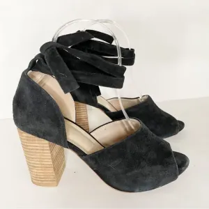 Raye Anthropologie Velvet tie ankle open toe block Heels black suede 7