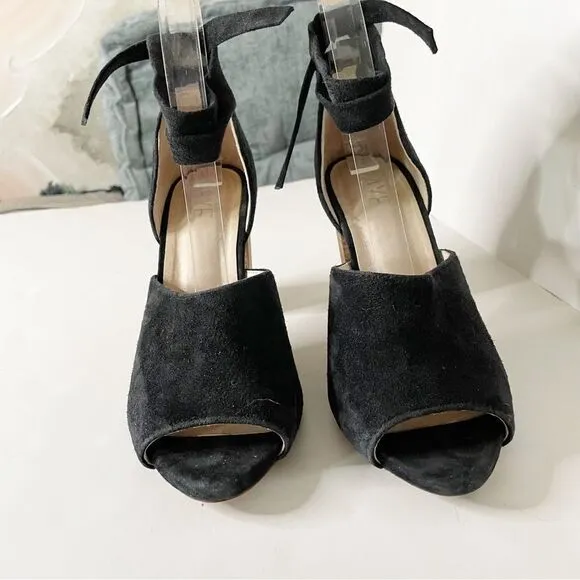 Raye Anthropologie Velvet tie ankle open toe block Heels black suede 7