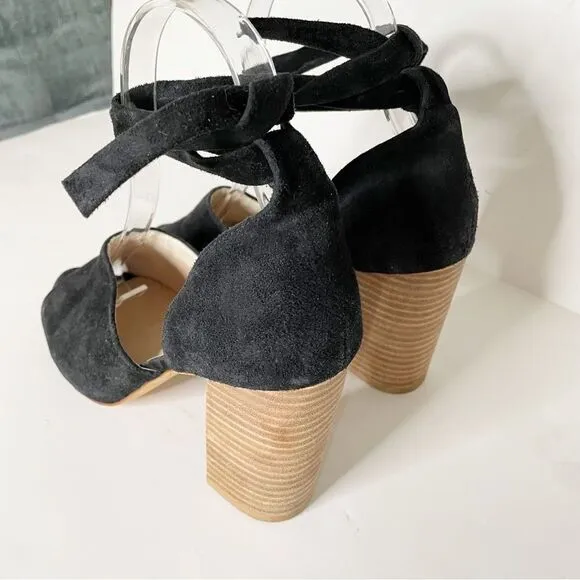 Raye Anthropologie Velvet tie ankle open toe block Heels black suede 7