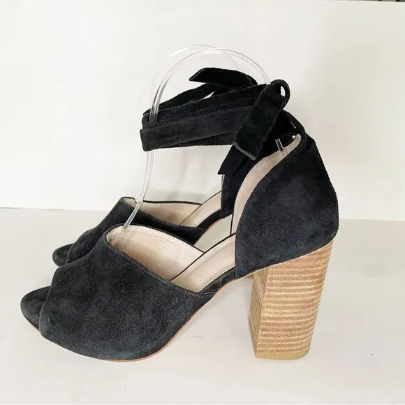 Raye Anthropologie Velvet tie ankle open toe block Heels black suede 7