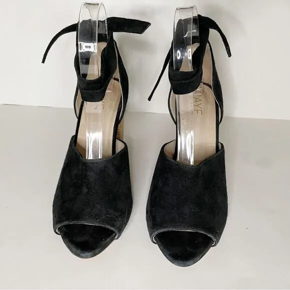 Raye Anthropologie Velvet tie ankle open toe block Heels black suede 7
