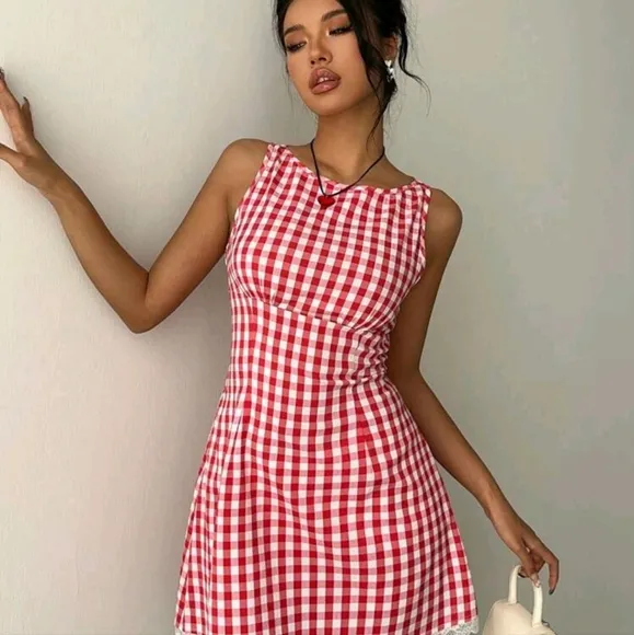 Red Plaid Sleeveless Boat Neck Contrast Lace Fitted Mini Dress For Women