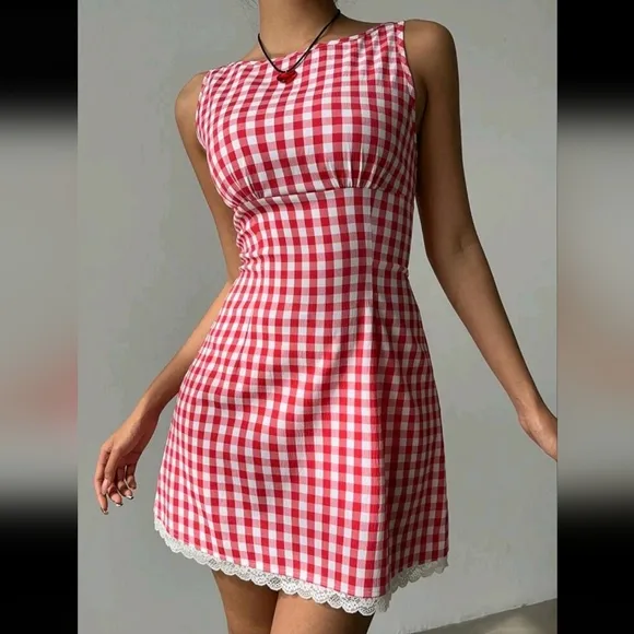 Red Plaid Sleeveless Boat Neck Contrast Lace Fitted Mini Dress For Women