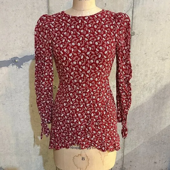 Reformation Lucita Dress Red Floral White Long Sleeve Mini Dress Size 0