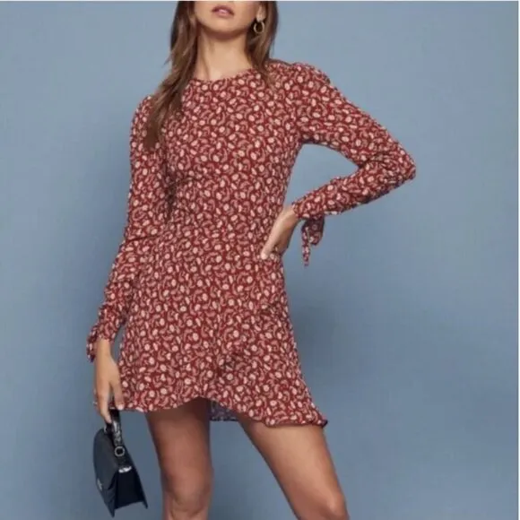 Reformation Lucita Dress Red Floral White Long Sleeve Mini Dress Size 0
