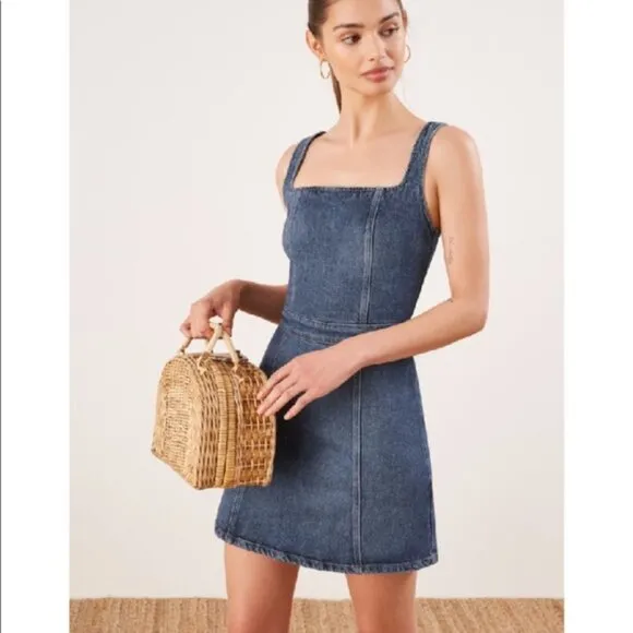 Reformation Parker Kasai Sleeveless Distressed Blue Jean Denim Mini Dress Size 8