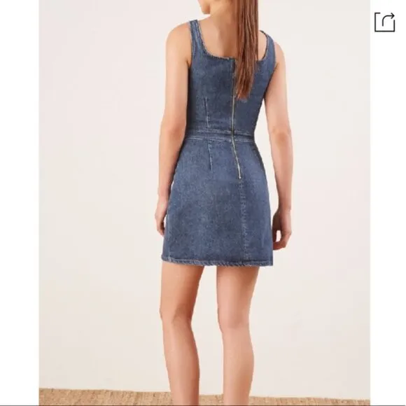 Reformation Parker Kasai Sleeveless Distressed Blue Jean Denim Mini Dress Size 8