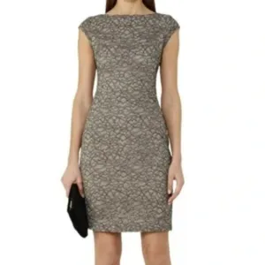 Reiss Ayda Sheath Lace Dress Women 4 Taupe Gray Cap Sleeve Short Length Event