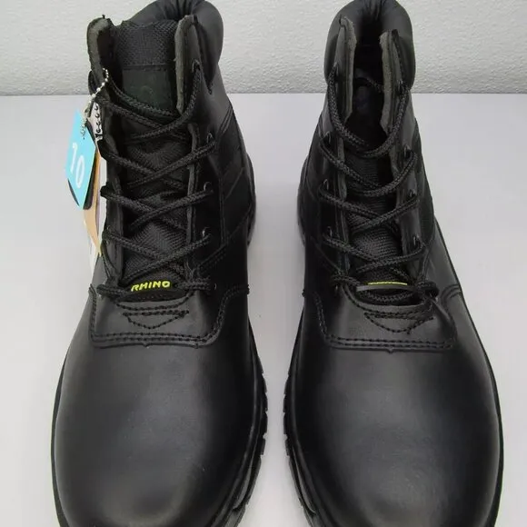 Rhino Mens 6&quot; Tactical Safety Work Boots Black Leather Lace Slip Resist Size 10