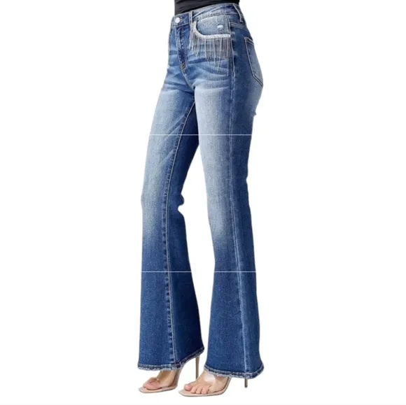 Risen Dolly High Rise Flare Jeans Rhinestones Crystals Tassels