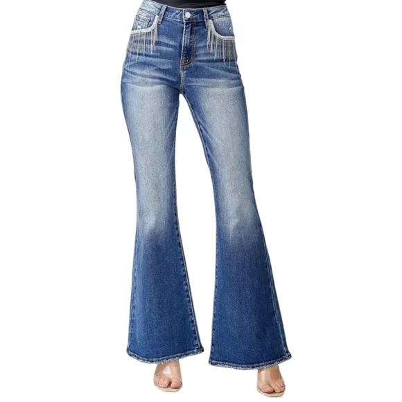 Risen Dolly High Rise Flare Jeans Rhinestones Crystals Tassels