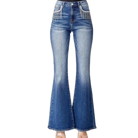 Risen Dolly High Rise Flare Jeans Rhinestones Crystals Tassels