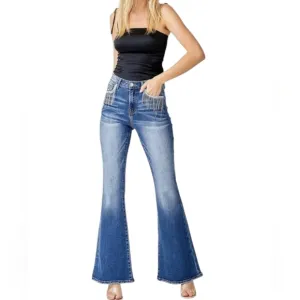 Risen Dolly High Rise Flare Jeans Rhinestones Crystals Tassels