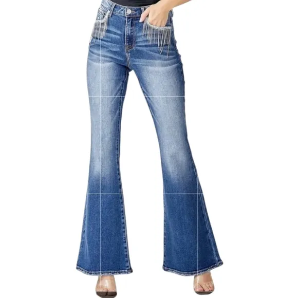 Risen Dolly High Rise Flare Jeans Rhinestones Crystals Tassels
