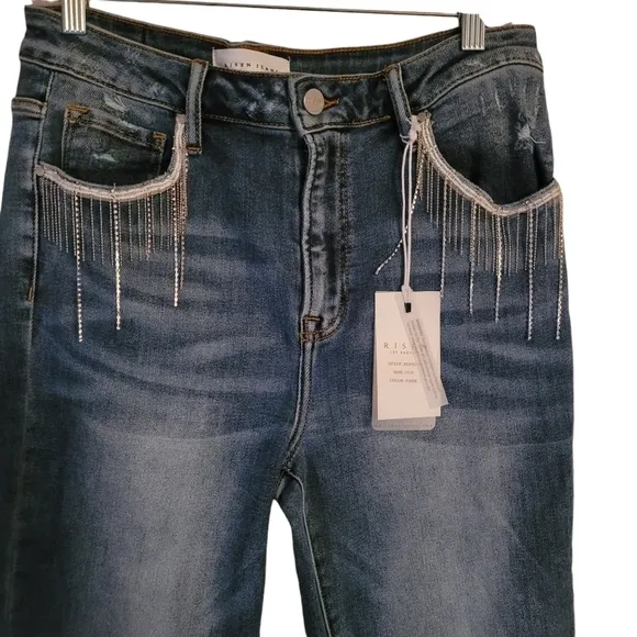 Risen Dolly High Rise Flare Jeans Rhinestones Crystals Tassels