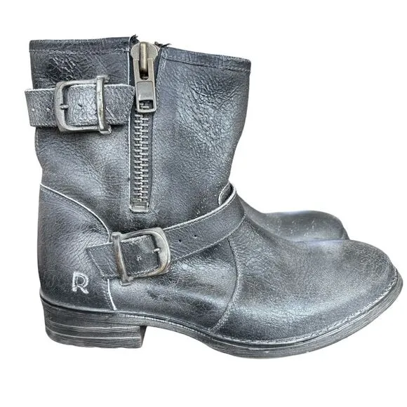 ROAN by Bed Stu Gray Distressed Leather Buckle Zip Booties Women's 8 NWOB