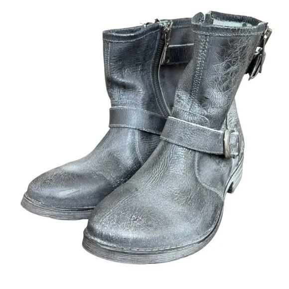 ROAN by Bed Stu Gray Distressed Leather Buckle Zip Booties Women's 8 NWOB