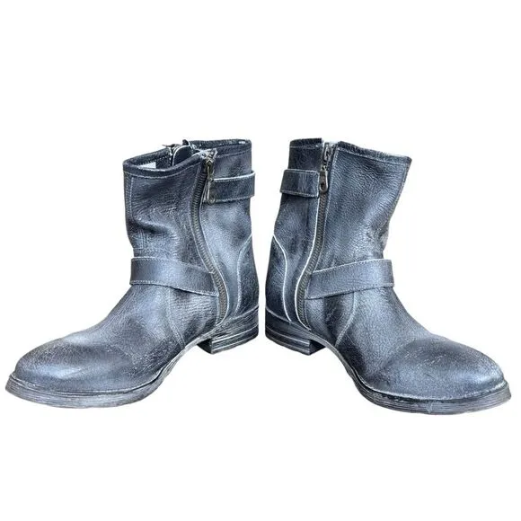 ROAN by Bed Stu Gray Distressed Leather Buckle Zip Booties Women's 8 NWOB