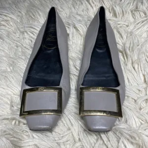 Roger Vivier Grey Green Classic Laquier Flats Metallic Buckle Shoes
