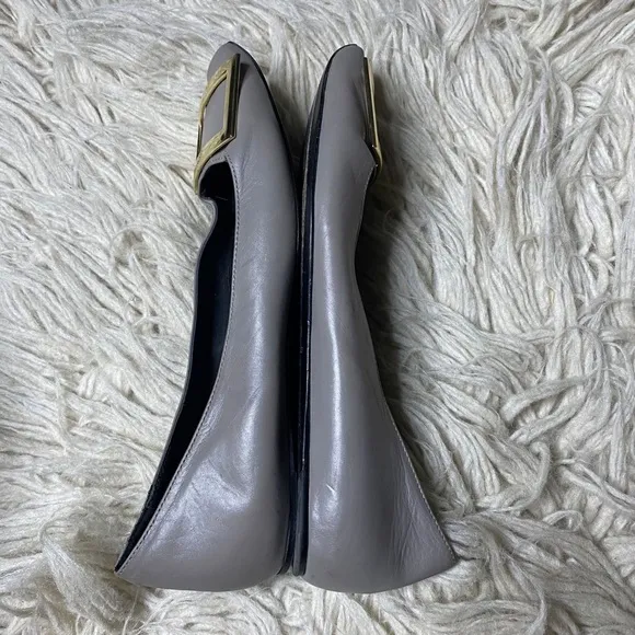 Roger Vivier Grey Green Classic Laquier Flats Metallic Buckle Shoes