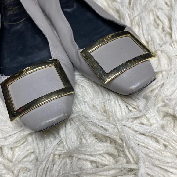 Roger Vivier Grey Green Classic Laquier Flats Metallic Buckle Shoes