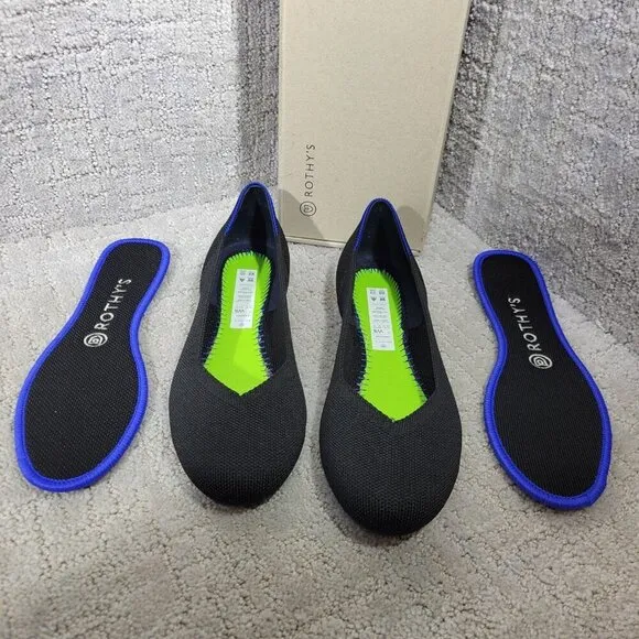 Rothys The Flat Black Solid Round Toe Slip on Flat Shoes Multiple Sizes