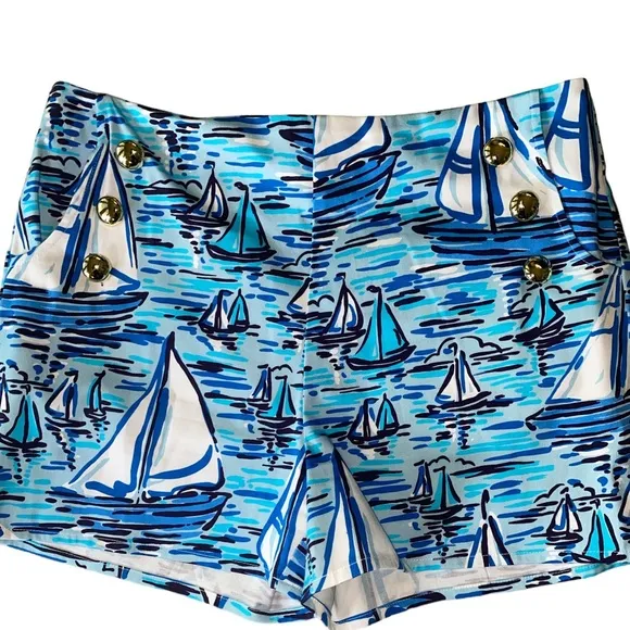 Sail to Sable STS Sail Boat Print Gold Button Shorts - M