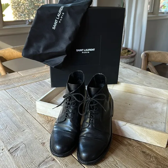 Saint Laurent black smooth leather lace up army boot. Size 37.5 w box &amp; shoe bag