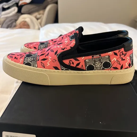 Saint Laurent YSL Tela Olona Pink Black Stampa Radio Slip On Sneakers EU 39.5