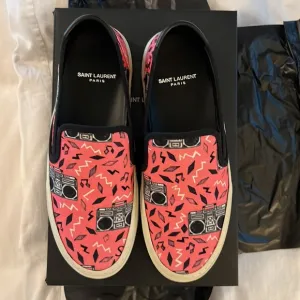 Saint Laurent YSL Tela Olona Pink Black Stampa Radio Slip On Sneakers EU 39.5