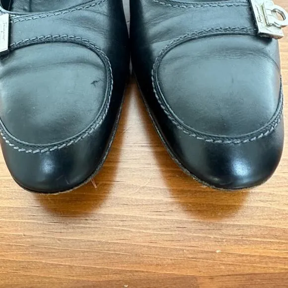 Salvatore Ferragamo Black Leather Heels - Size 7B - Made in Italy