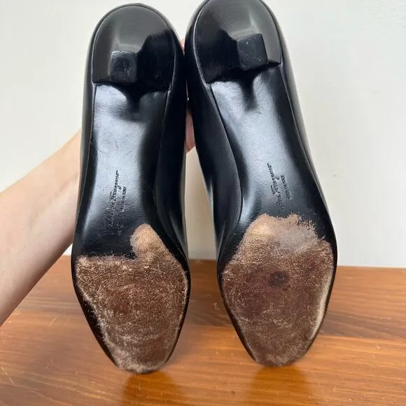 Salvatore Ferragamo Black Leather Heels - Size 7B - Made in Italy