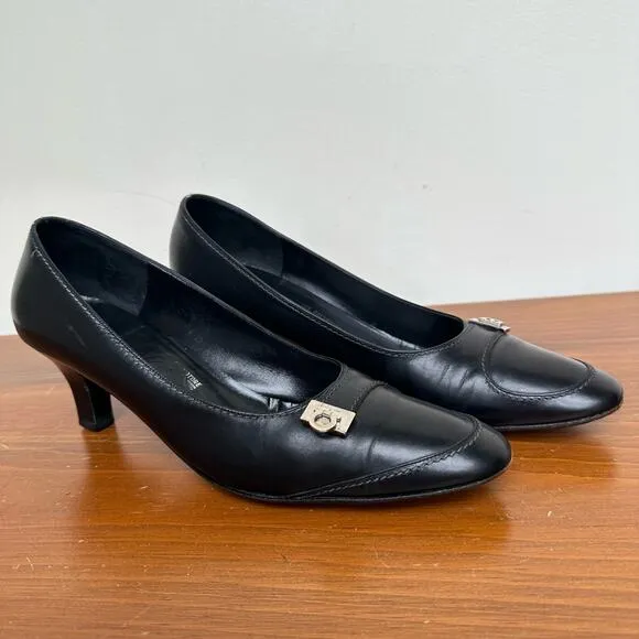Salvatore Ferragamo Black Leather Heels - Size 7B - Made in Italy