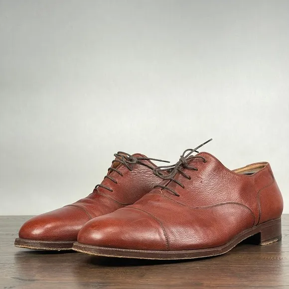 Salvatore Ferragamo Cap Toe Oxford Shoes Mens 11.5 Brown Pebble Leather Italy
