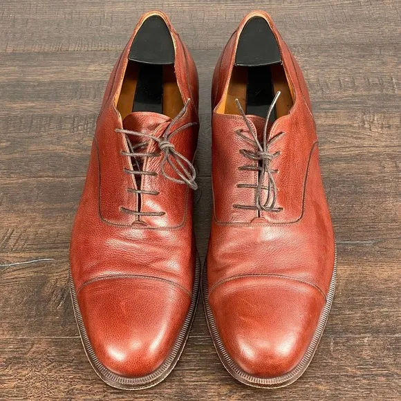 Salvatore Ferragamo Cap Toe Oxford Shoes Mens 11.5 Brown Pebble Leather Italy