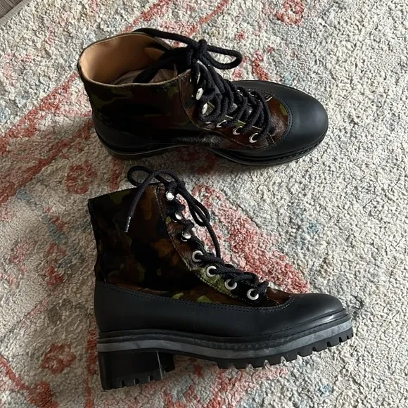 Schutz Camo Combat Boots Size 6B Calf Hair Black Waterproof Lace Up Heeled Boots