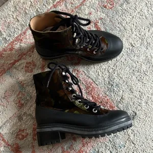 Schutz Camo Combat Boots Size 6B Calf Hair Black Waterproof Lace Up Heeled Boots